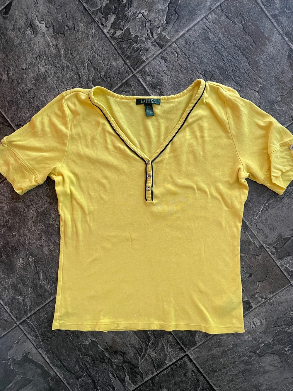 RALPH LAUREN Vibrant Yellow Short Sleeve V-Neck Contrast Trim Classic Preppy Top
